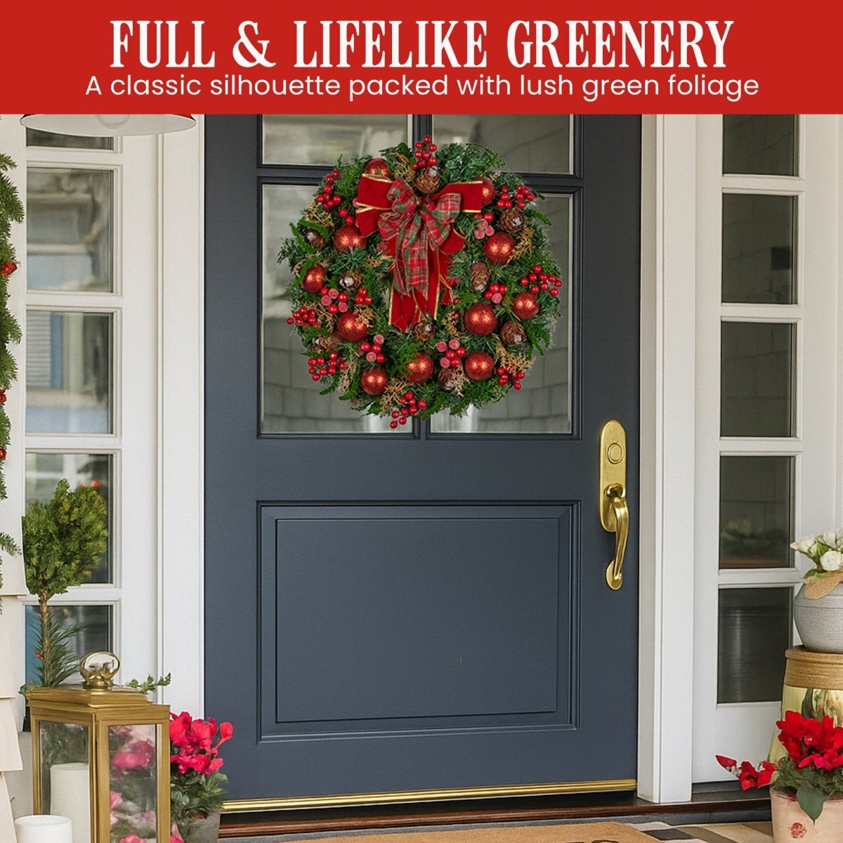 Christabelle 71cm Christmas Wreath Lush Green Holiday Door Wreath with Red Berries, Baubles & Pine Cones Pre - Decorated Festive Wall or Front Door Decoration