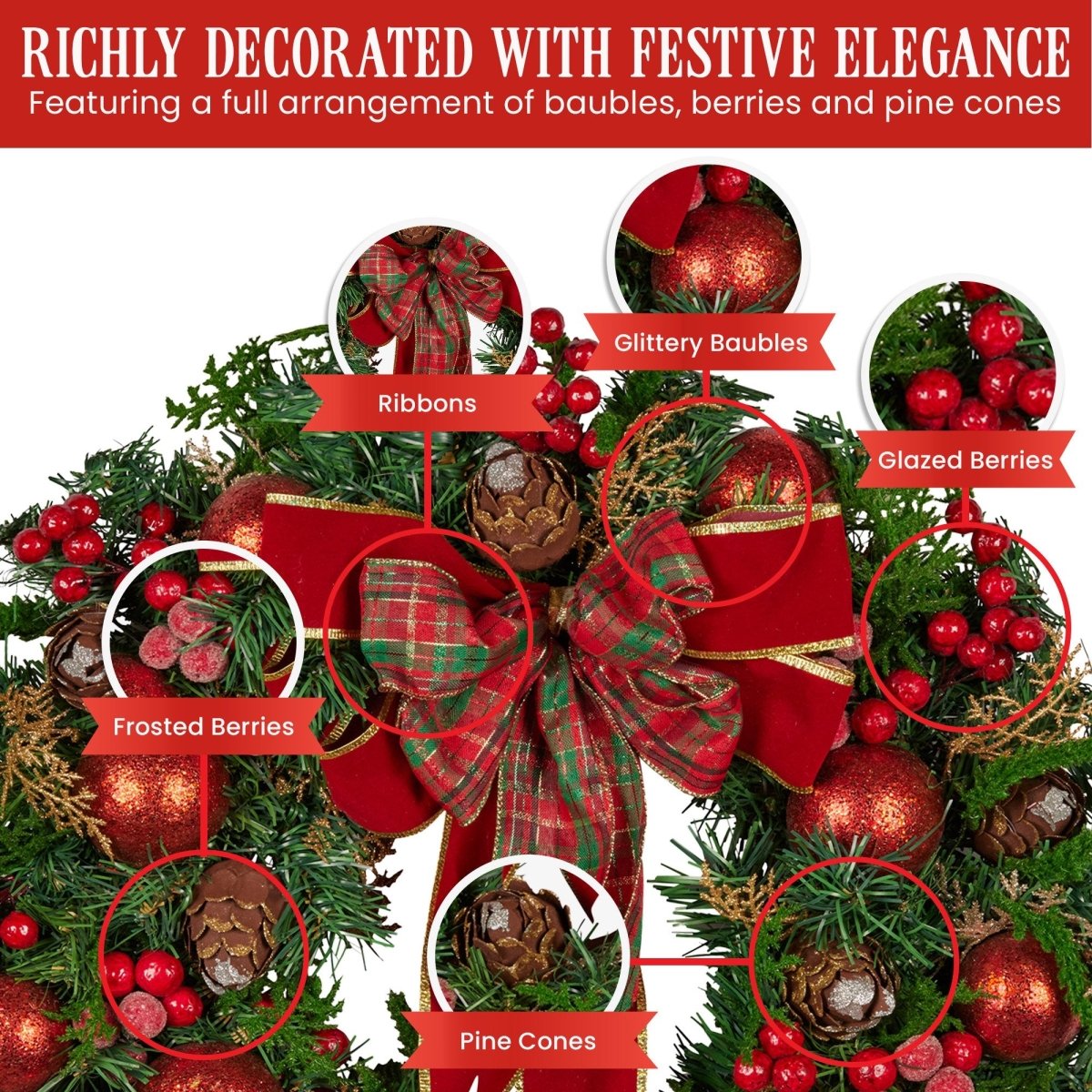 Christabelle 71cm Christmas Wreath Lush Green Holiday Door Wreath with Red Berries, Baubles & Pine Cones Pre - Decorated Festive Wall or Front Door Decoration