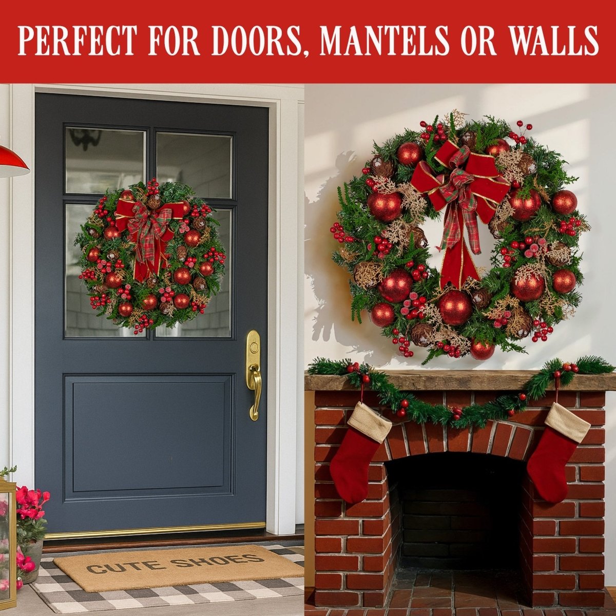 Christabelle 71cm Christmas Wreath Lush Green Holiday Door Wreath with Red Berries, Baubles & Pine Cones Pre - Decorated Festive Wall or Front Door Decoration
