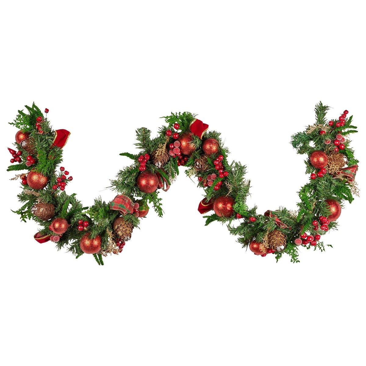 Christabelle 185cm Christmas Garland Lush Green Holiday Garland with Red Berries, Baubles & Pine Cones Pre - Decorated Festive Shelf or Banister Decoration