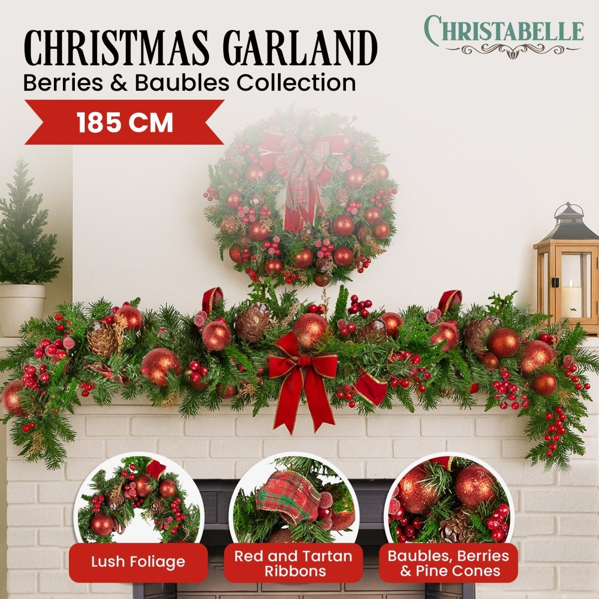 Christabelle 185cm Christmas Garland Lush Green Holiday Garland with Red Berries, Baubles & Pine Cones Pre - Decorated Festive Shelf or Banister Decoration