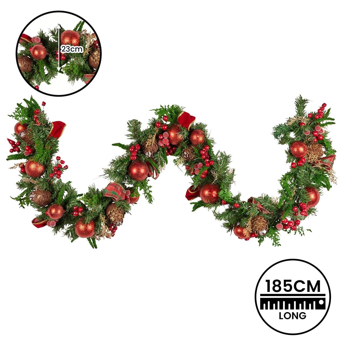 Christabelle 185cm Christmas Garland Lush Green Holiday Garland with Red Berries, Baubles & Pine Cones Pre - Decorated Festive Shelf or Banister Decoration
