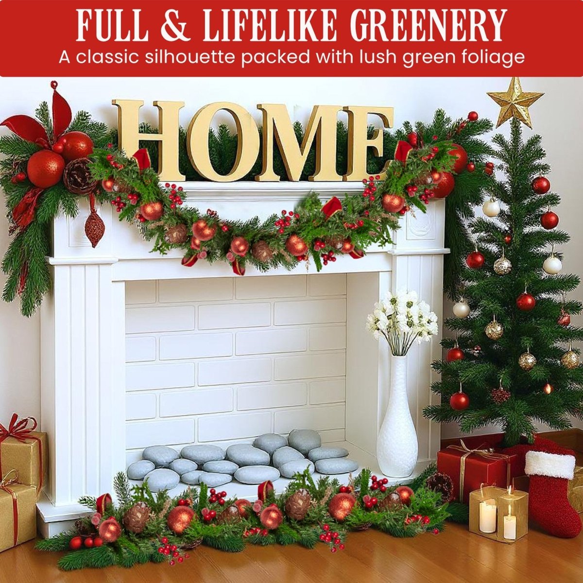 Christabelle 185cm Christmas Garland Lush Green Holiday Garland with Red Berries, Baubles & Pine Cones Pre - Decorated Festive Shelf or Banister Decoration