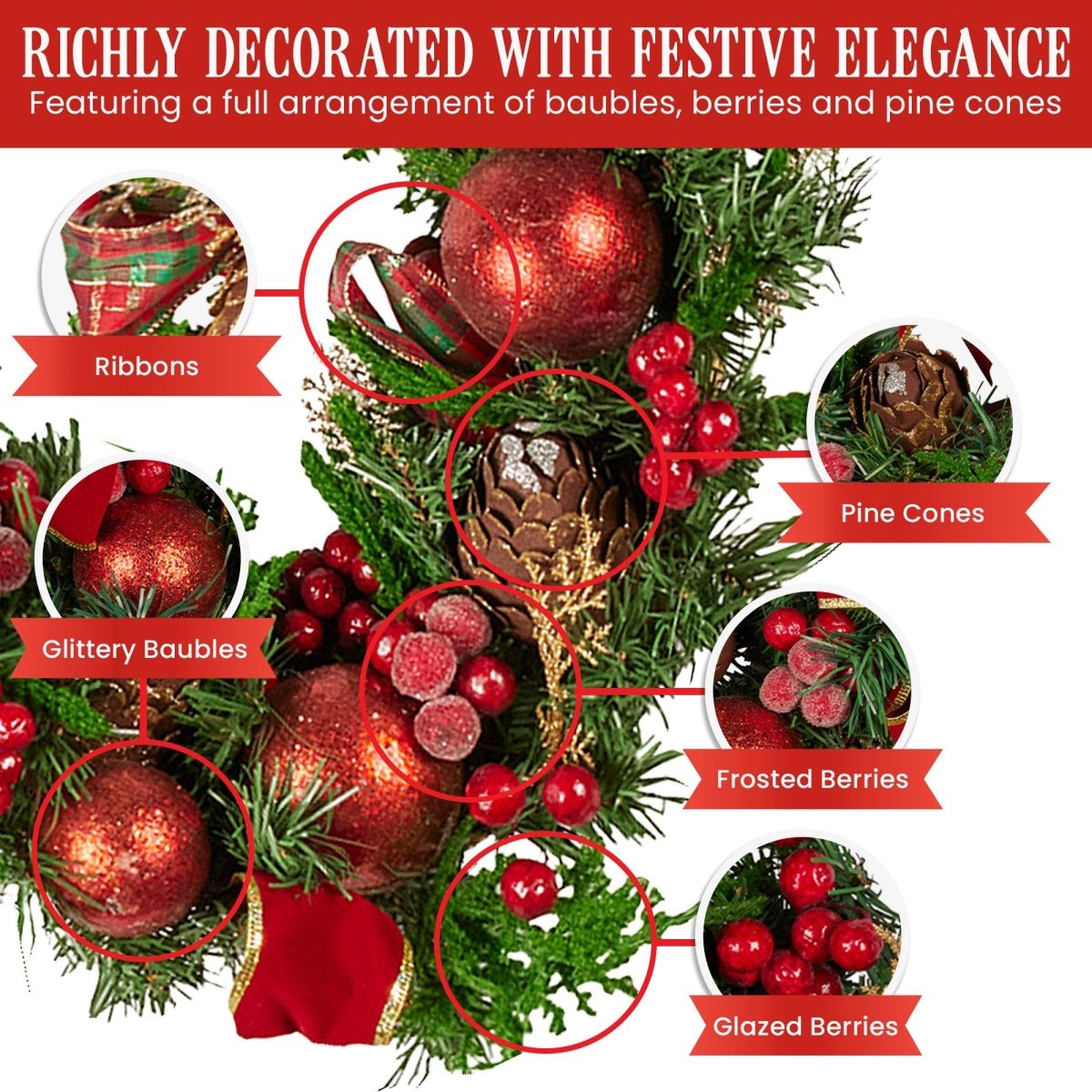Christabelle 185cm Christmas Garland Lush Green Holiday Garland with Red Berries, Baubles & Pine Cones Pre - Decorated Festive Shelf or Banister Decoration