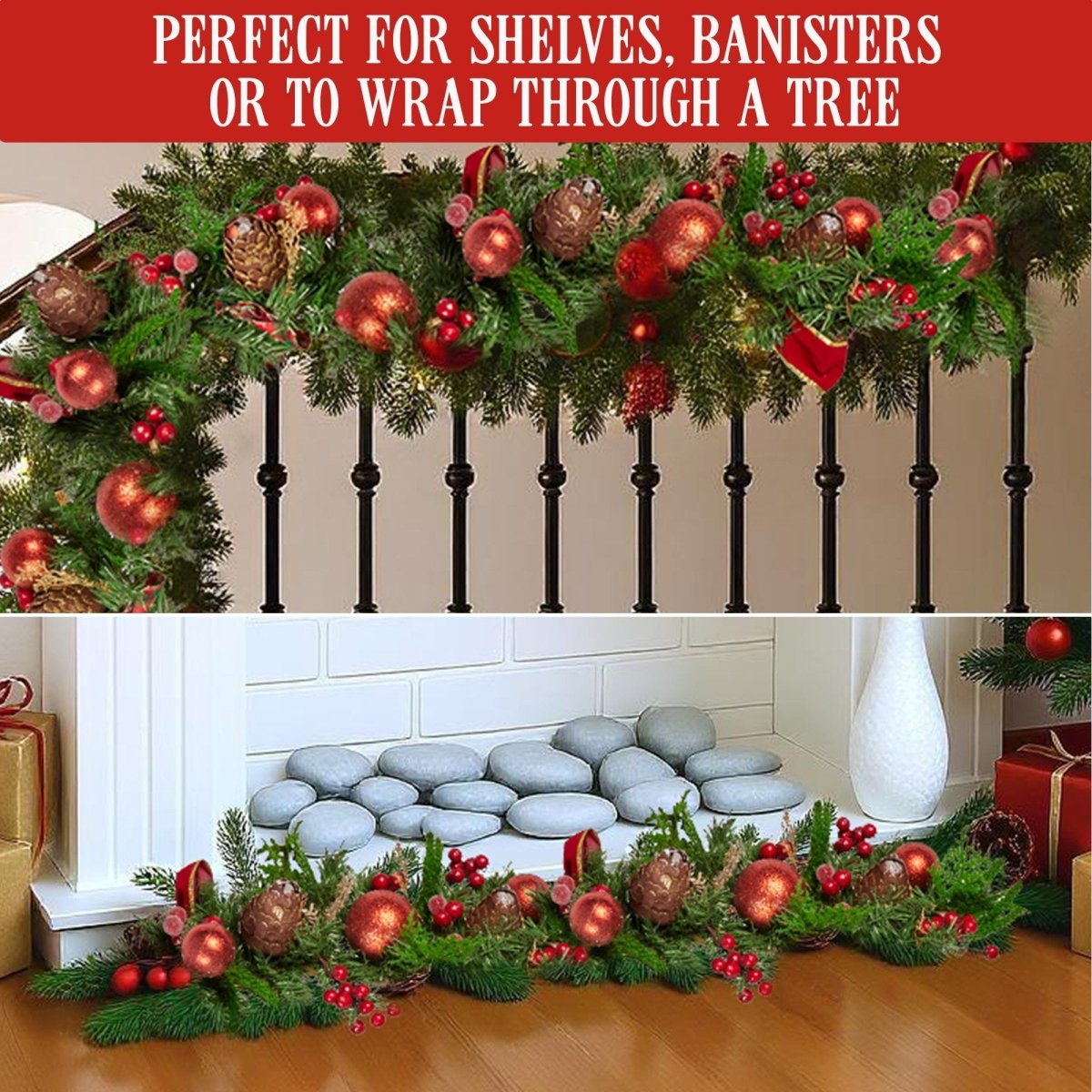 Christabelle 185cm Christmas Garland Lush Green Holiday Garland with Red Berries, Baubles & Pine Cones Pre - Decorated Festive Shelf or Banister Decoration