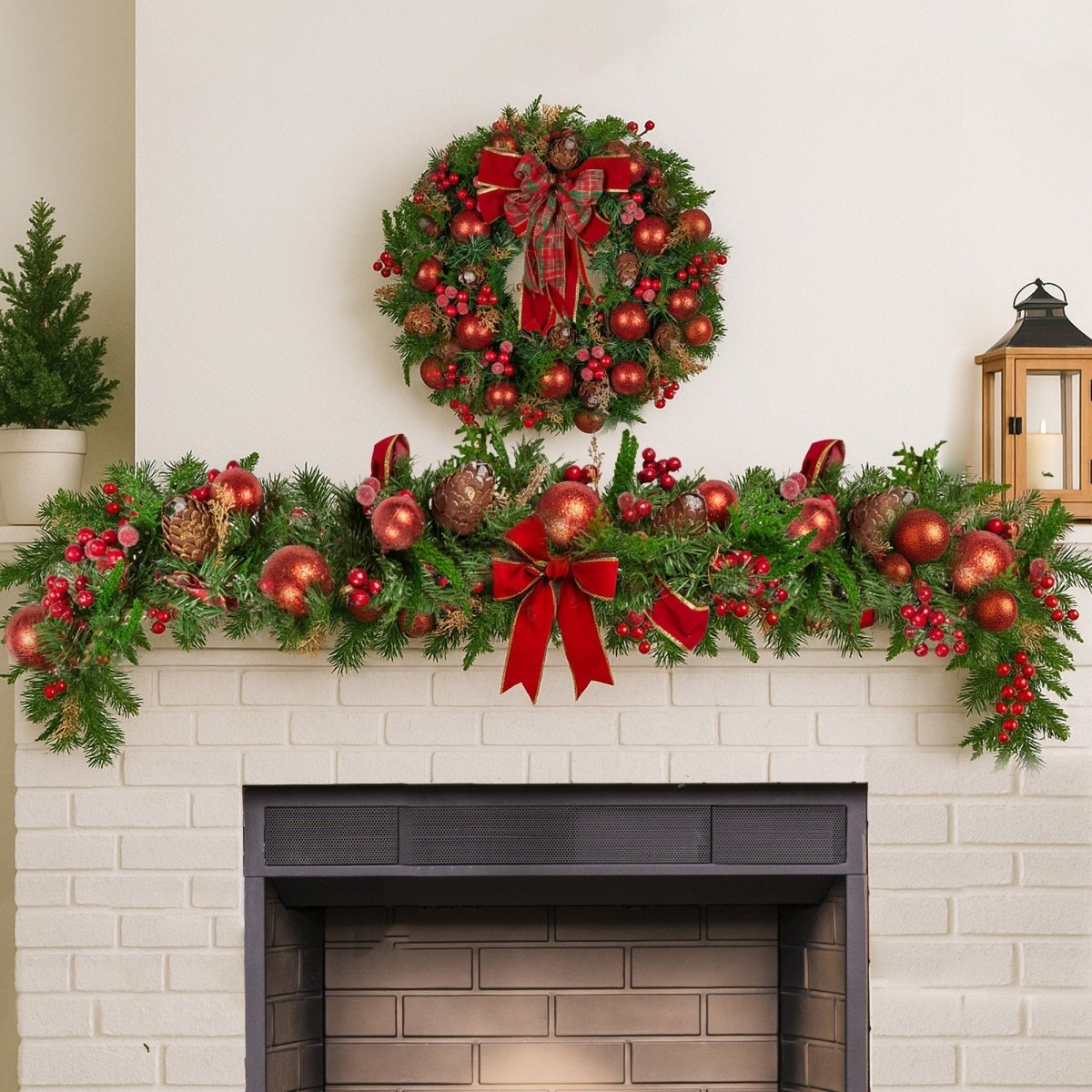 Christabelle 185cm Christmas Garland Lush Green Holiday Garland with Red Berries, Baubles & Pine Cones Pre - Decorated Festive Shelf or Banister Decoration