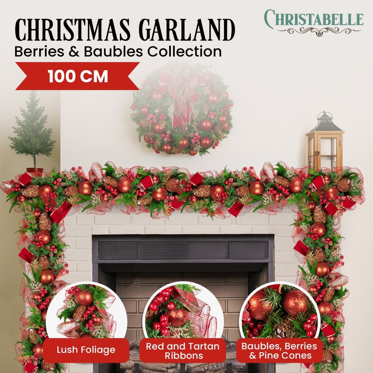 Christabelle 100cm Christmas Garland Lush Green Holiday Garland w/ Red Berries, Baubles & Pine Cones Pre - Decorated Festive Shelf or Banister Decoration