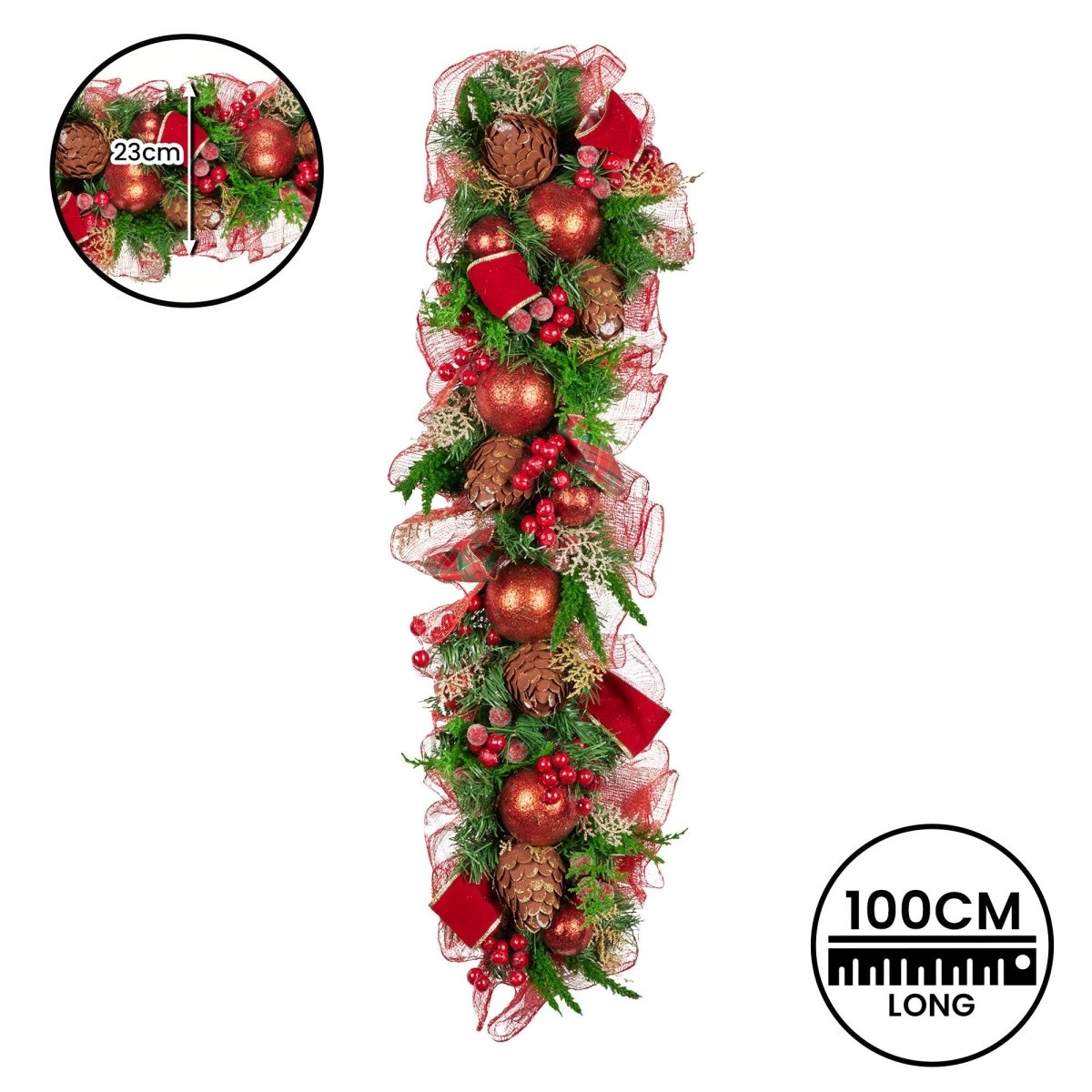 Christabelle 100cm Christmas Garland Lush Green Holiday Garland w/ Red Berries, Baubles & Pine Cones Pre - Decorated Festive Shelf or Banister Decoration