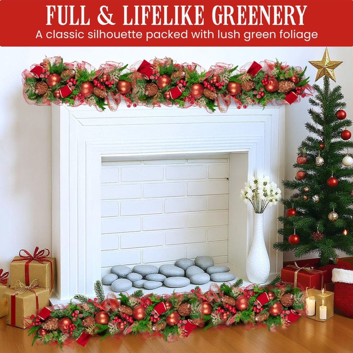 Christabelle 100cm Christmas Garland Lush Green Holiday Garland w/ Red Berries, Baubles & Pine Cones Pre - Decorated Festive Shelf or Banister Decoration