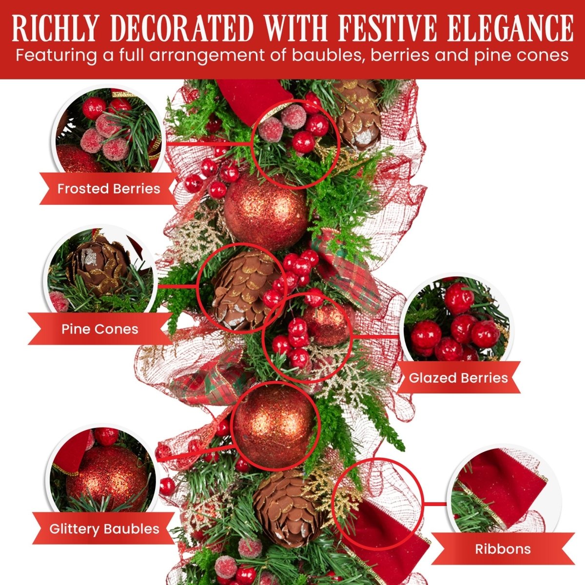Christabelle 100cm Christmas Garland Lush Green Holiday Garland w/ Red Berries, Baubles & Pine Cones Pre - Decorated Festive Shelf or Banister Decoration