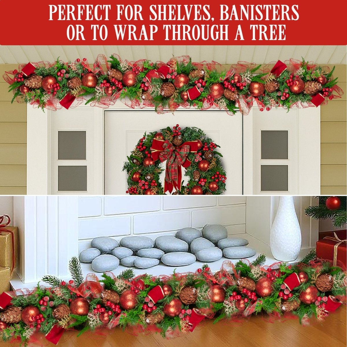 Christabelle 100cm Christmas Garland Lush Green Holiday Garland w/ Red Berries, Baubles & Pine Cones Pre - Decorated Festive Shelf or Banister Decoration