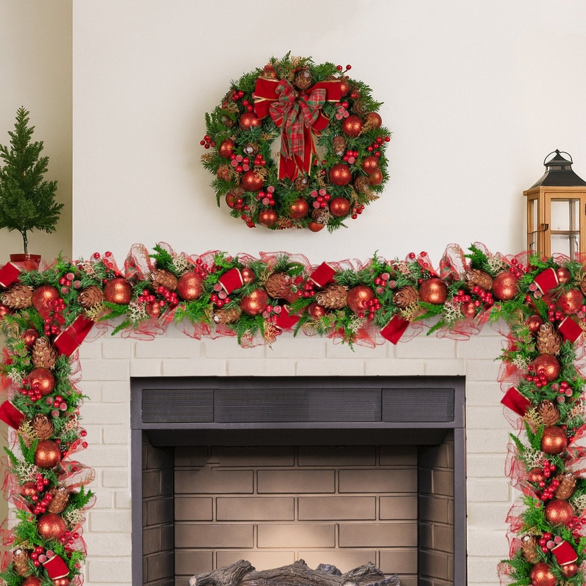 Christabelle 100cm Christmas Garland Lush Green Holiday Garland w/ Red Berries, Baubles & Pine Cones Pre - Decorated Festive Shelf or Banister Decoration