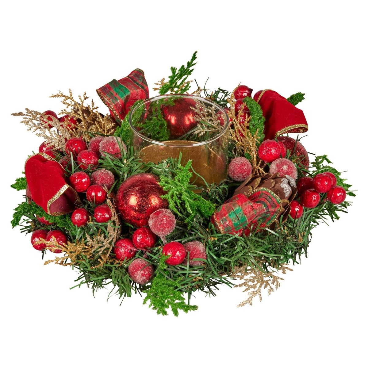 Christabelle 26cm Christmas Centrepiece Lush Green Holiday Display w/Red Berries & Hurricane Candle Holder Pre - decorated for Dining Table Console