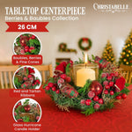 Christabelle 26cm Christmas Centrepiece Lush Green Holiday Display w/Red Berries & Hurricane Candle Holder Pre - decorated for Dining Table Console
