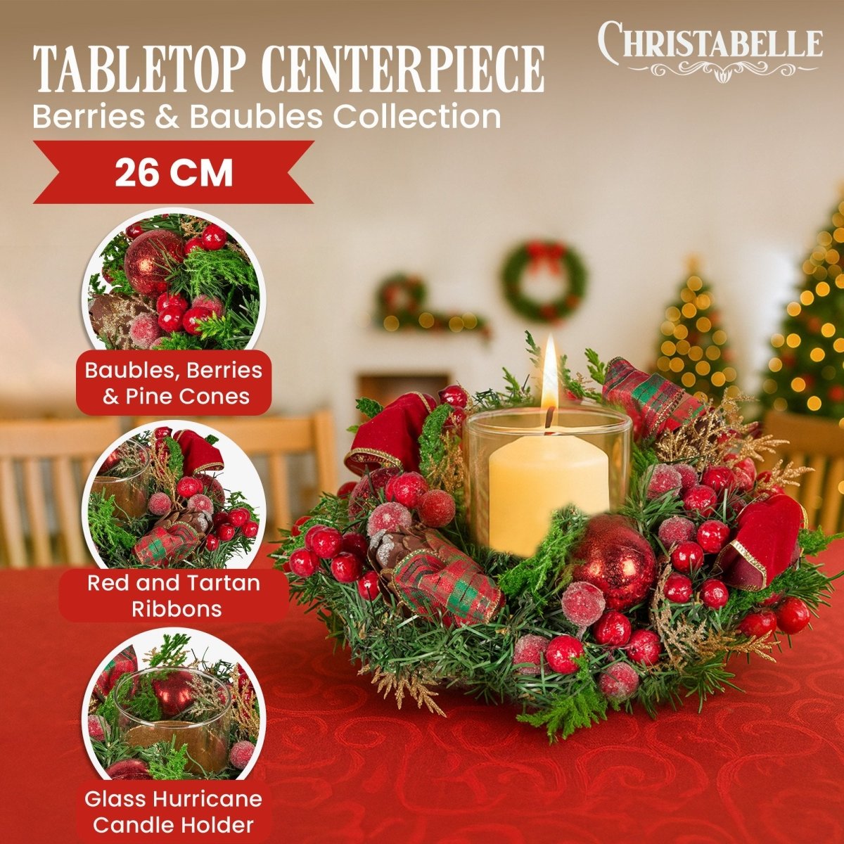 Christabelle 26cm Christmas Centrepiece Lush Green Holiday Display w/Red Berries & Hurricane Candle Holder Pre - decorated for Dining Table Console