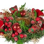 Christabelle 26cm Christmas Centrepiece Lush Green Holiday Display w/Red Berries & Hurricane Candle Holder Pre - decorated for Dining Table Console