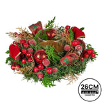 Christabelle 26cm Christmas Centrepiece Lush Green Holiday Display w/Red Berries & Hurricane Candle Holder Pre - decorated for Dining Table Console