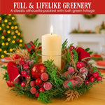 Christabelle 26cm Christmas Centrepiece Lush Green Holiday Display w/Red Berries & Hurricane Candle Holder Pre - decorated for Dining Table Console
