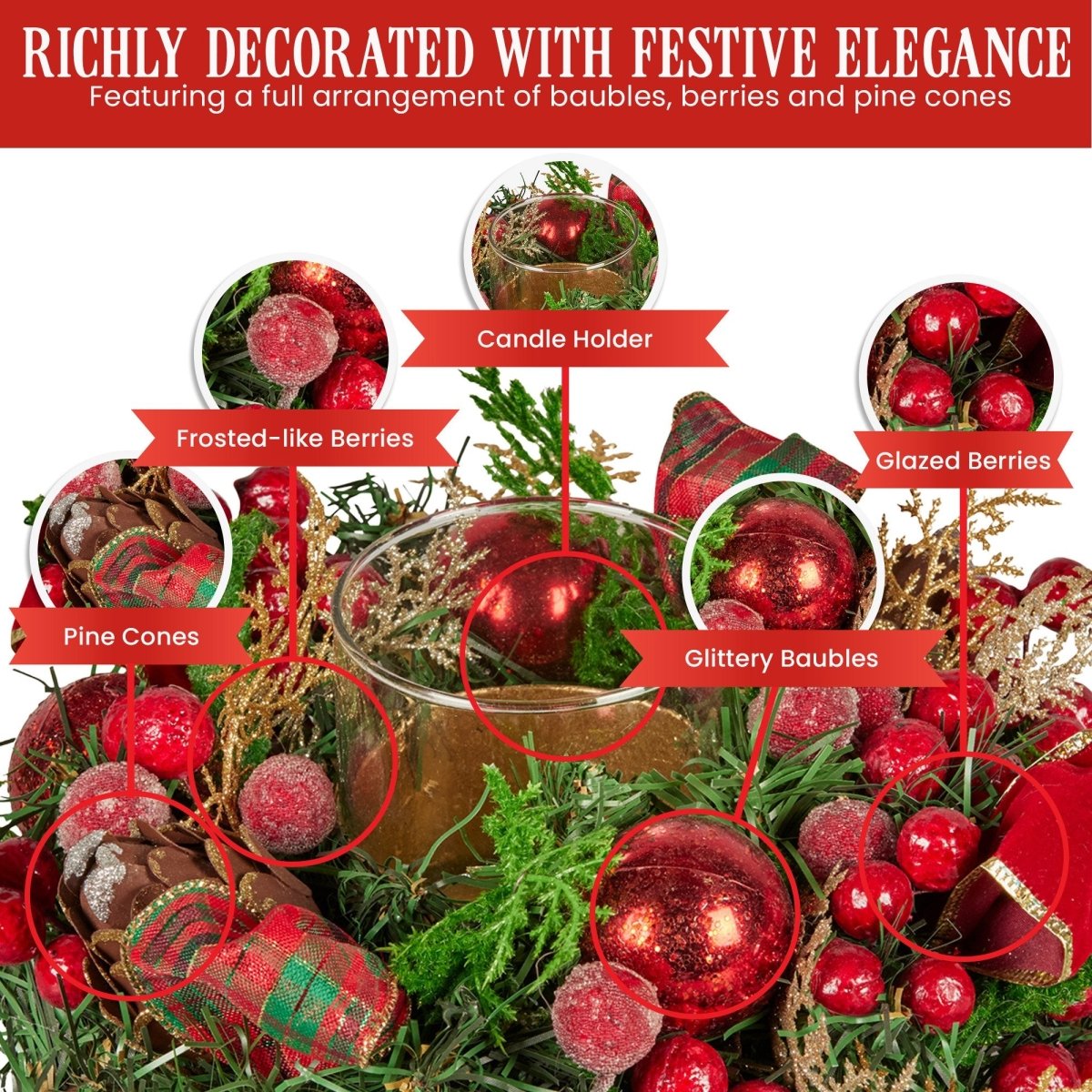 Christabelle 26cm Christmas Centrepiece Lush Green Holiday Display w/Red Berries & Hurricane Candle Holder Pre - decorated for Dining Table Console
