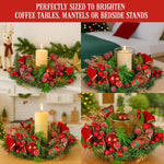 Christabelle 26cm Christmas Centrepiece Lush Green Holiday Display w/Red Berries & Hurricane Candle Holder Pre - decorated for Dining Table Console