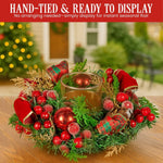Christabelle 26cm Christmas Centrepiece Lush Green Holiday Display w/Red Berries & Hurricane Candle Holder Pre - decorated for Dining Table Console