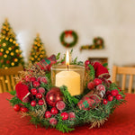Christabelle 26cm Christmas Centrepiece Lush Green Holiday Display w/Red Berries & Hurricane Candle Holder Pre - decorated for Dining Table Console