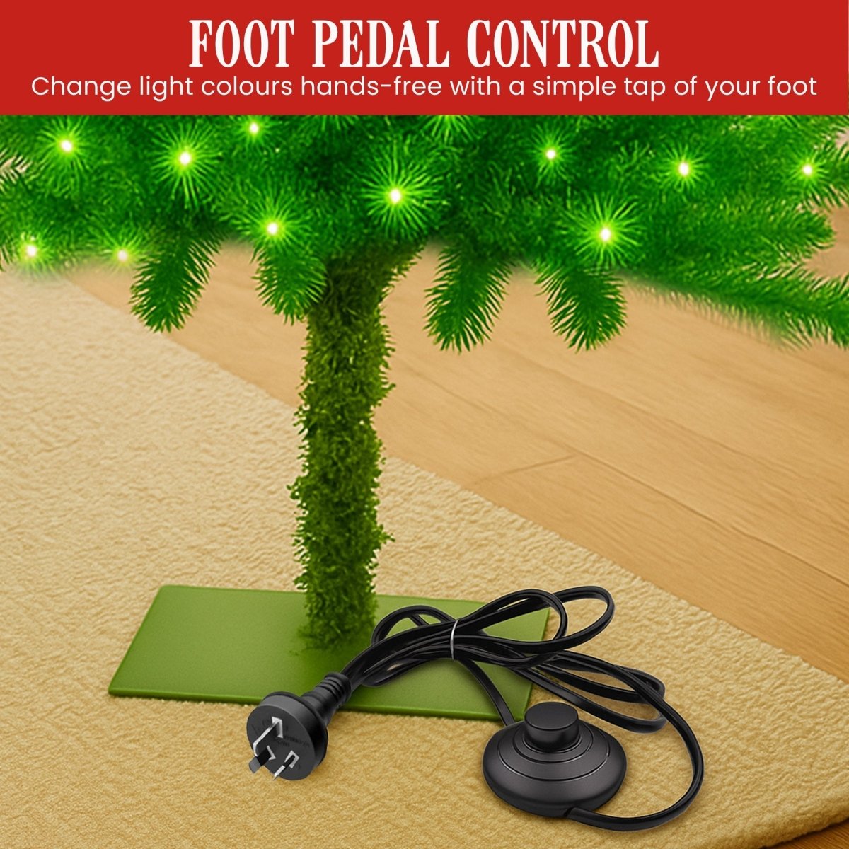 Christabelle 4ft Christmas Gremlin Tree Curved Top Red Bauble Built In Green & White LED Lights Foot Pedal Control