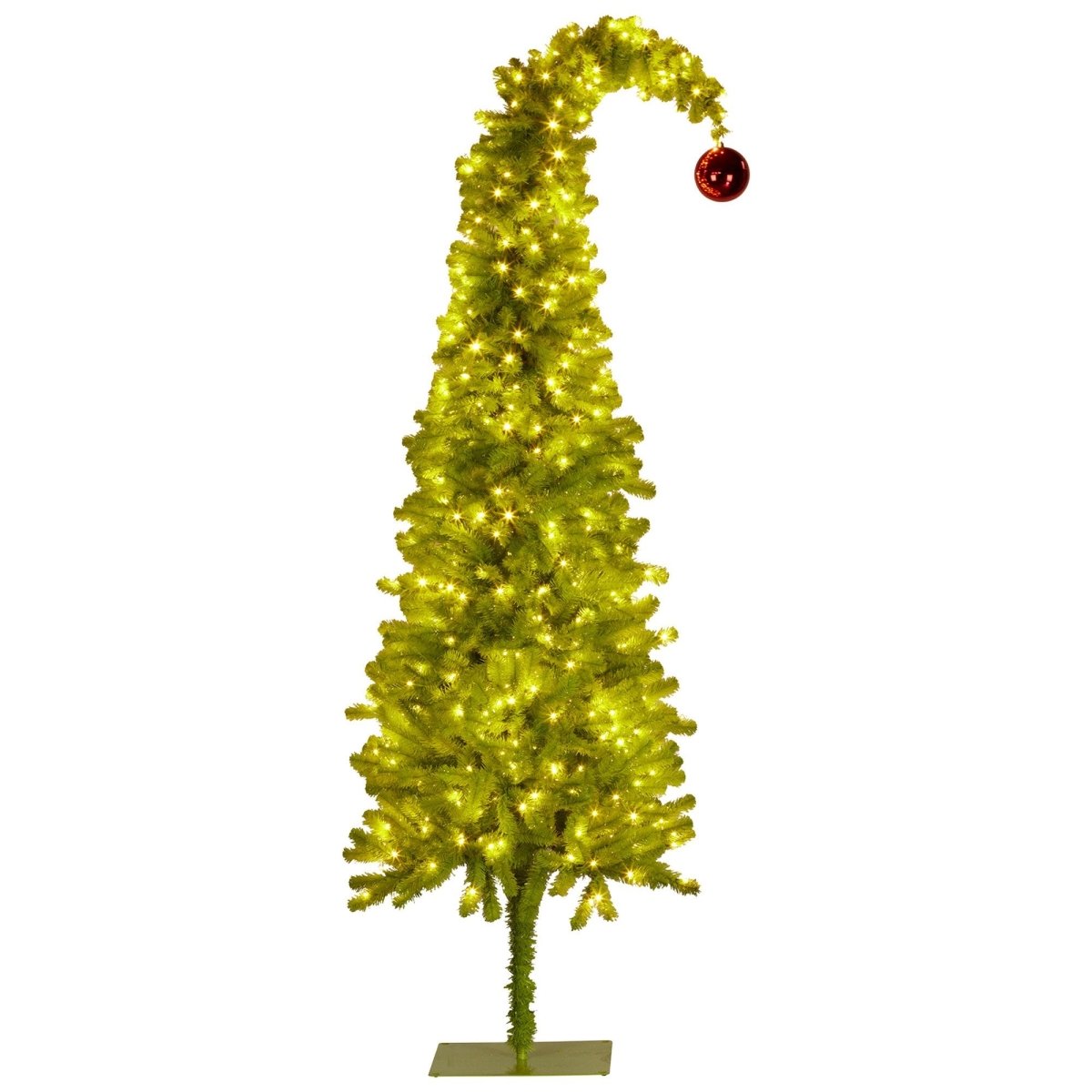 Christabelle 7.5ft Christmas Gremlin Tree Curved Top Red Bauble Built - in Green White LED Lights Control Base & Cord