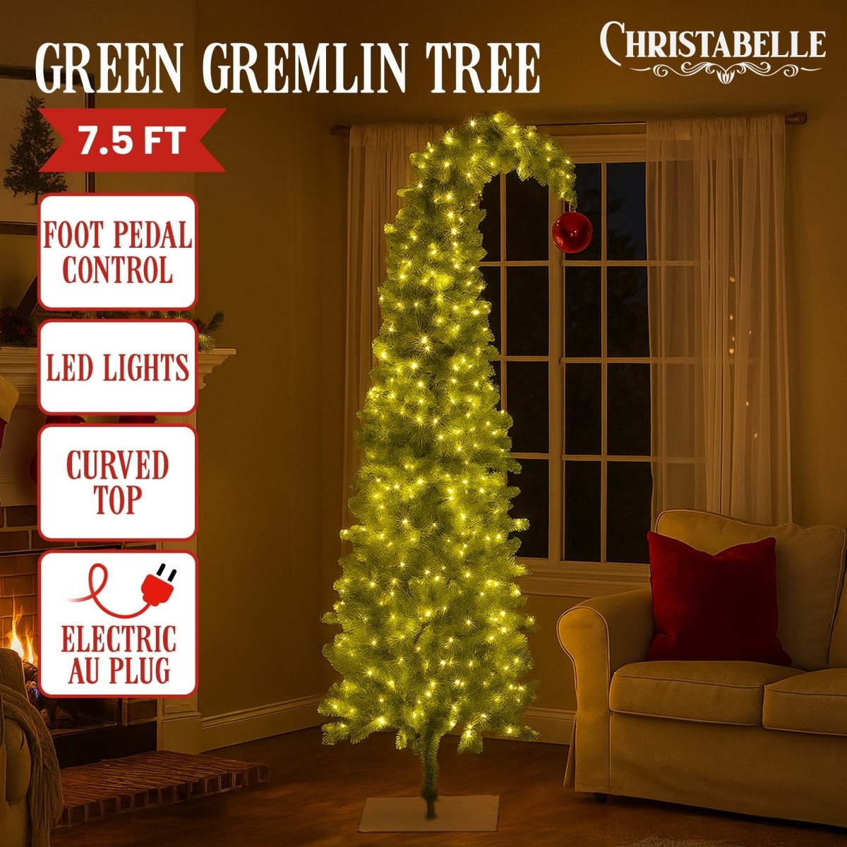 Christabelle 7.5ft Christmas Gremlin Tree Curved Top Red Bauble Built - in Green White LED Lights Control Base & Cord