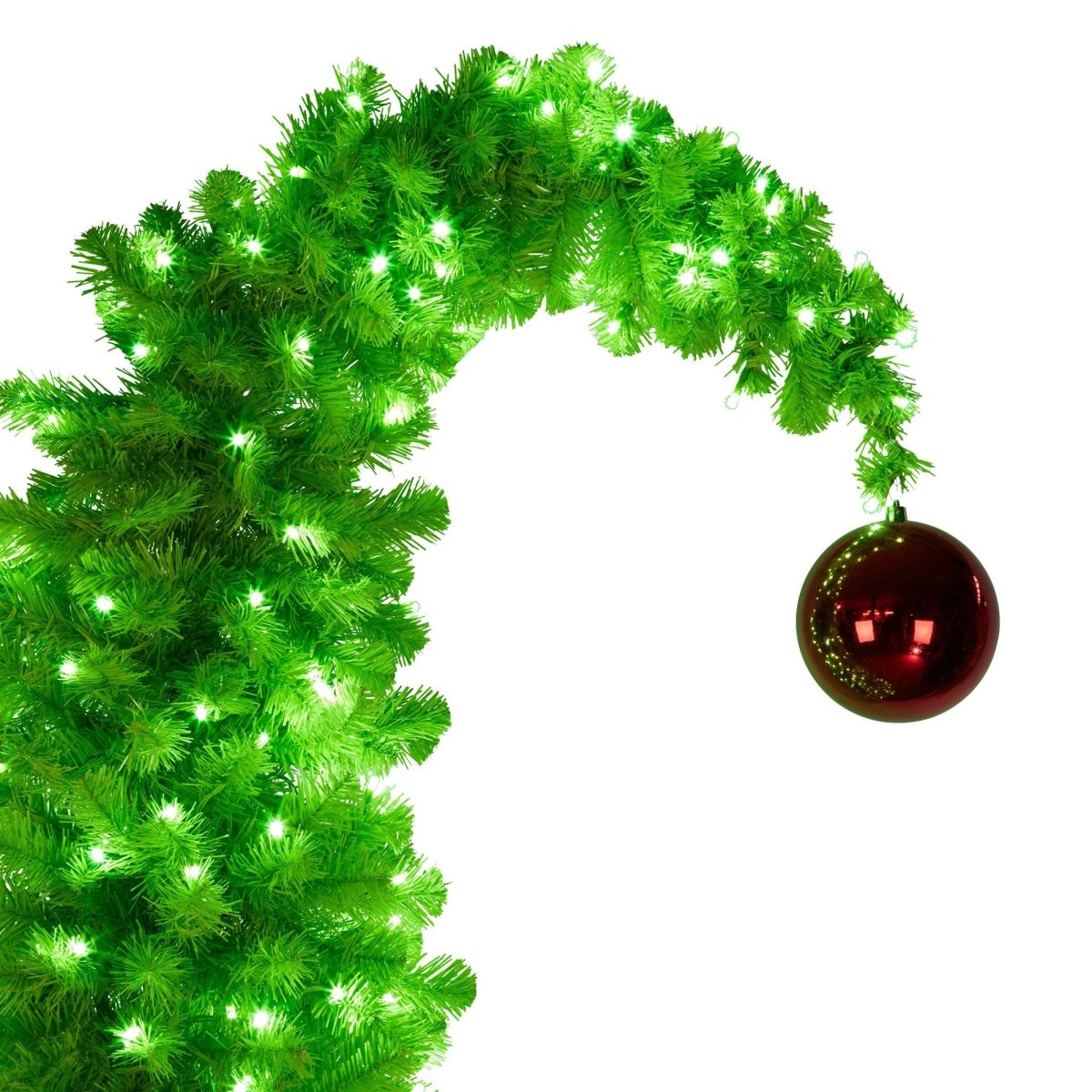 Christabelle 7.5ft Christmas Gremlin Tree Curved Top Red Bauble Built - in Green White LED Lights Control Base & Cord