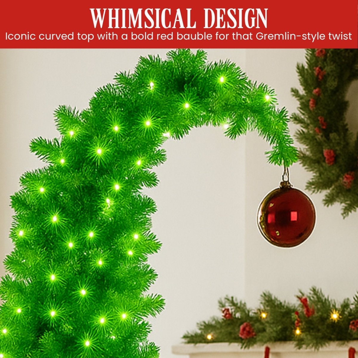 Christabelle 7.5ft Christmas Gremlin Tree Curved Top Red Bauble Built - in Green White LED Lights Control Base & Cord