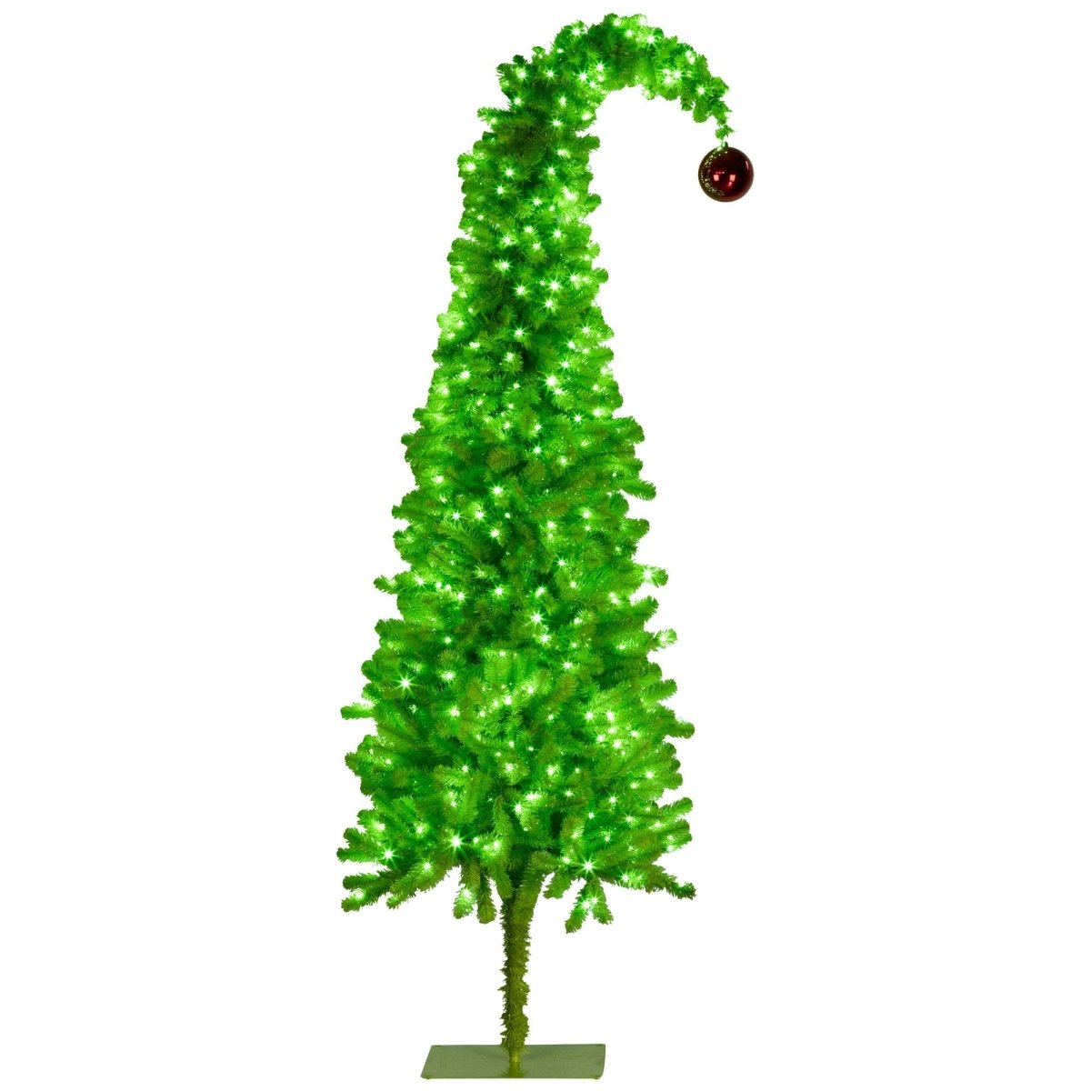 Christabelle 7.5ft Christmas Gremlin Tree Curved Top Red Bauble Built - in Green White LED Lights Control Base & Cord
