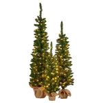 Christabelle Set of 3 Pre - Lit Christmas Trees Green Pine w/LED Lights, Hessian Base & Individual Plugs Varying Heights
