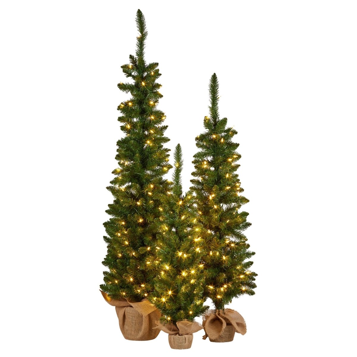 Christabelle Set of 3 Pre - Lit Christmas Trees Green Pine w/LED Lights, Hessian Base & Individual Plugs Varying Heights