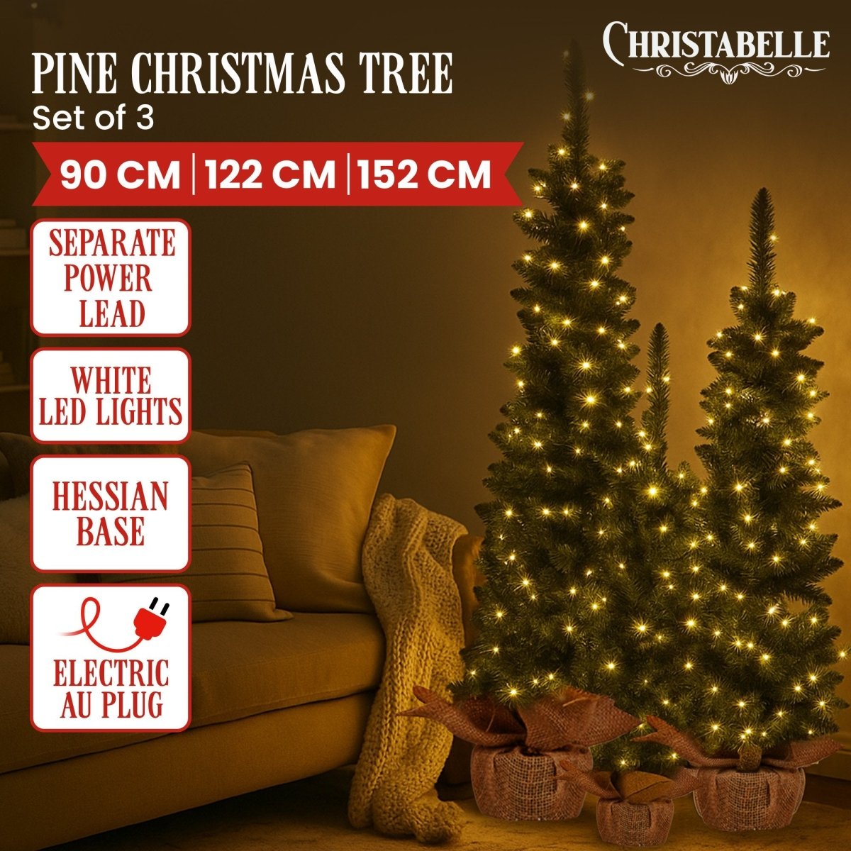 Christabelle Set of 3 Pre - Lit Christmas Trees Green Pine w/LED Lights, Hessian Base & Individual Plugs Varying Heights