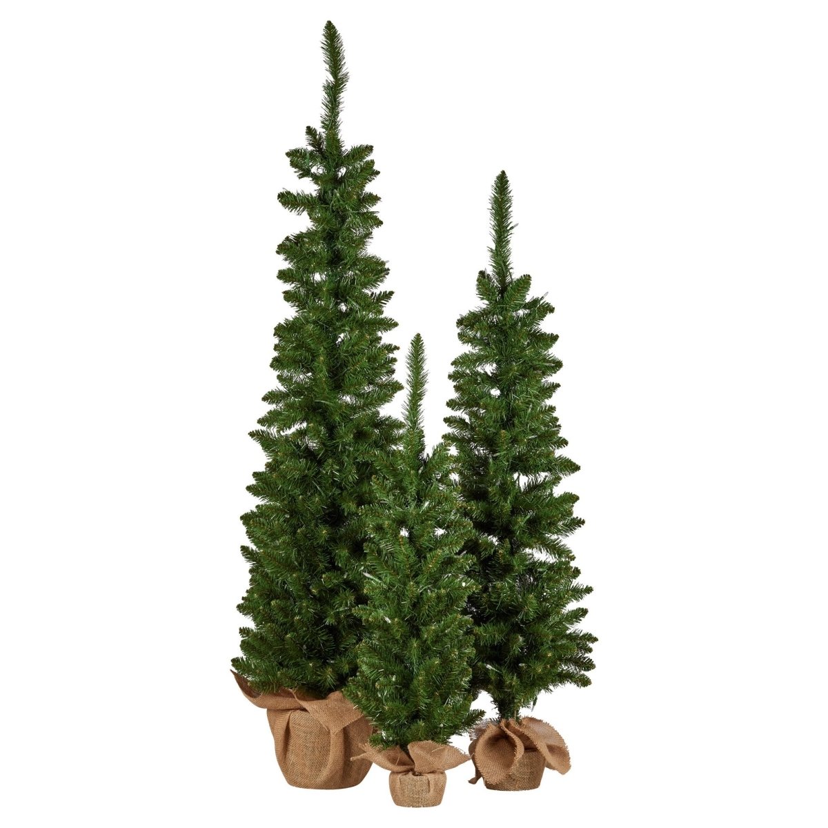 Christabelle Set of 3 Pre - Lit Christmas Trees Green Pine w/LED Lights, Hessian Base & Individual Plugs Varying Heights