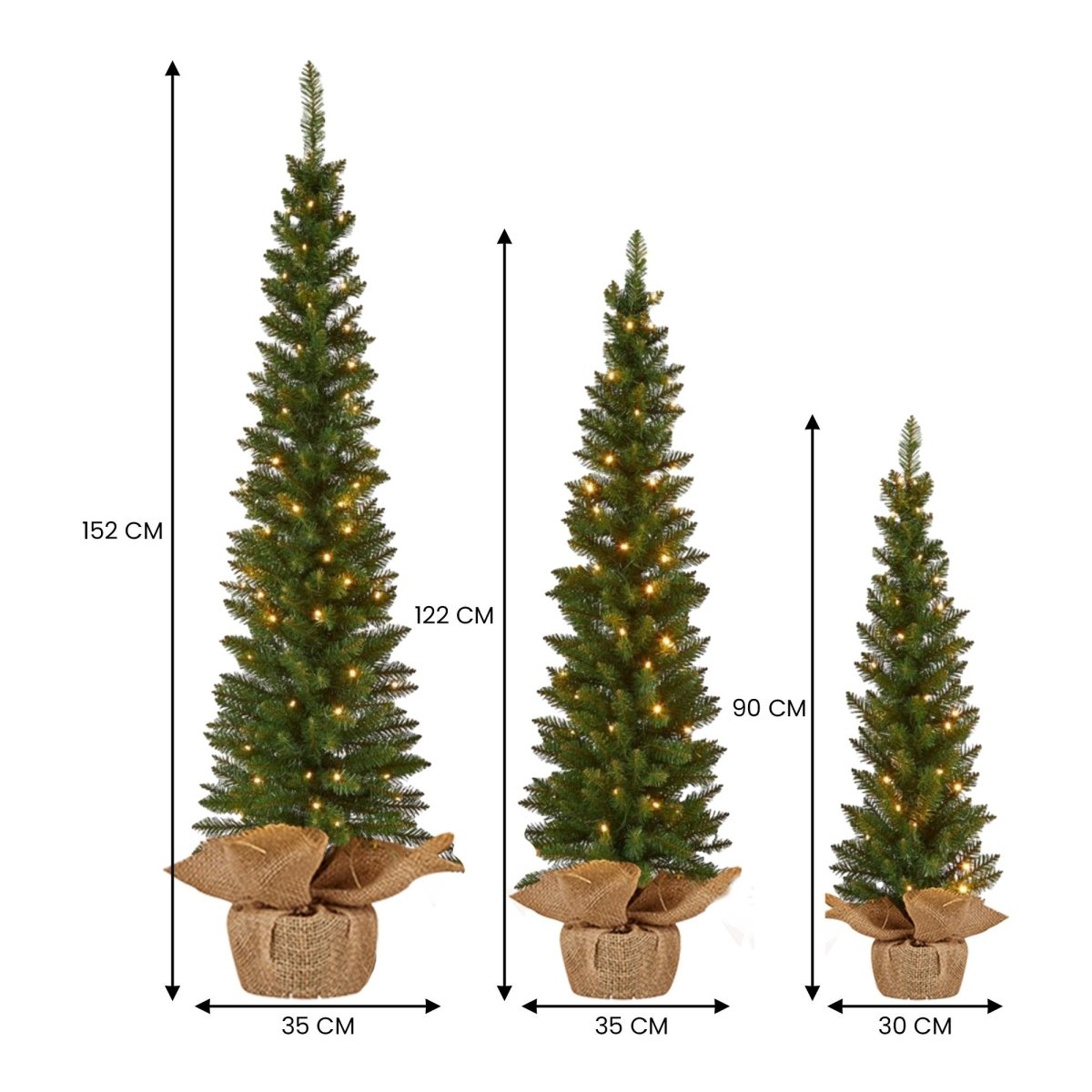 Christabelle Set of 3 Pre - Lit Christmas Trees Green Pine w/LED Lights, Hessian Base & Individual Plugs Varying Heights