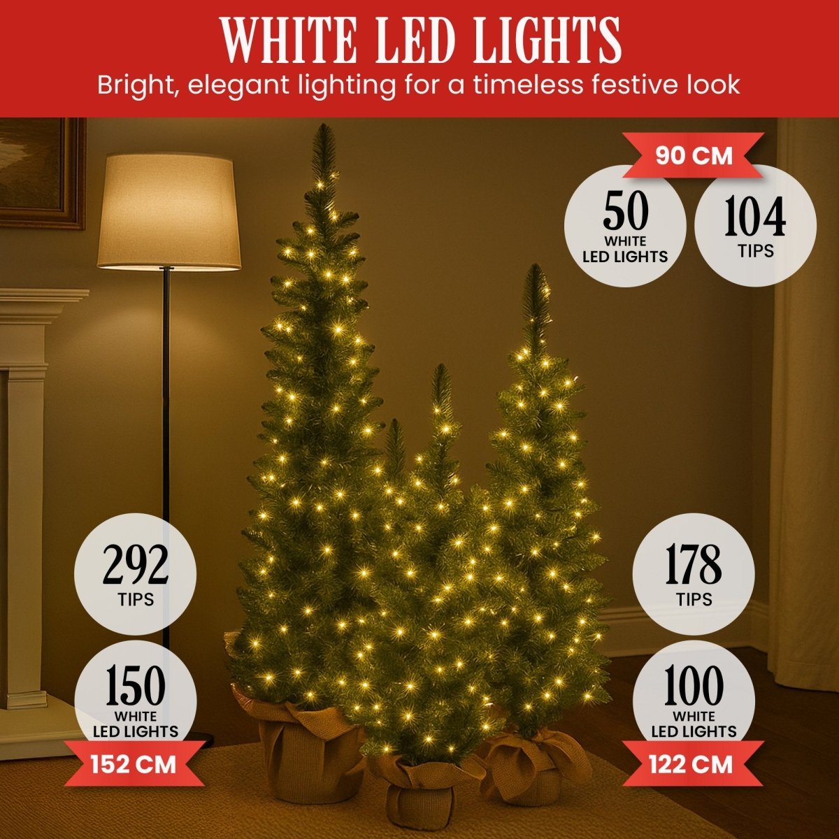 Christabelle Set of 3 Pre - Lit Christmas Trees Green Pine w/LED Lights, Hessian Base & Individual Plugs Varying Heights