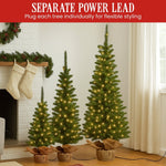 Christabelle Set of 3 Pre - Lit Christmas Trees Green Pine w/LED Lights, Hessian Base & Individual Plugs Varying Heights
