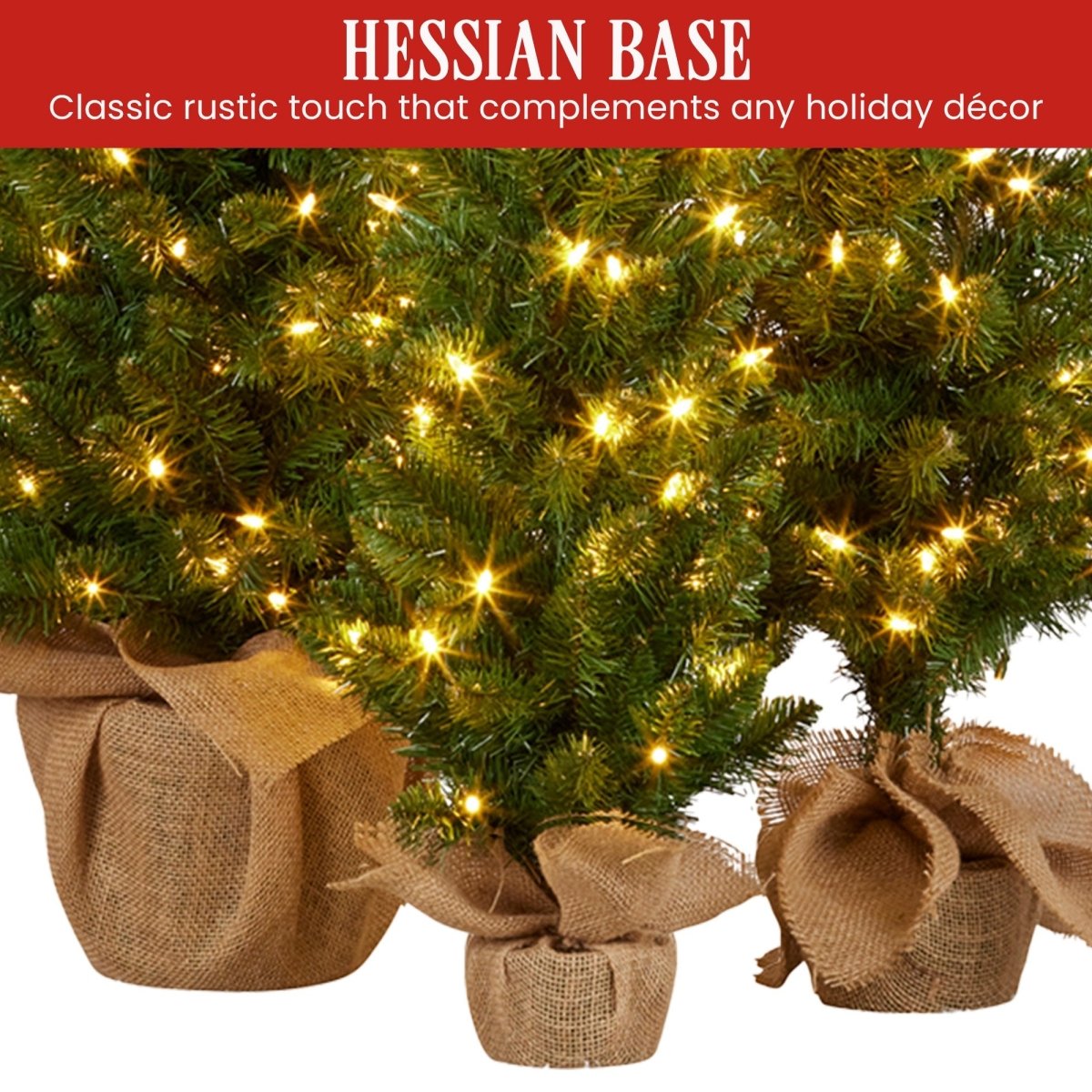 Christabelle Set of 3 Pre - Lit Christmas Trees Green Pine w/LED Lights, Hessian Base & Individual Plugs Varying Heights
