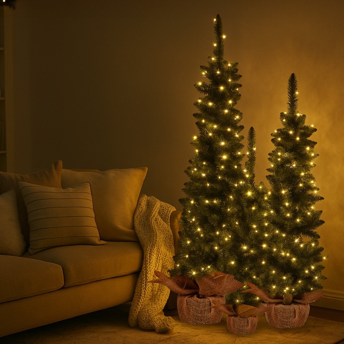 Christabelle Set of 3 Pre - Lit Christmas Trees Green Pine w/LED Lights, Hessian Base & Individual Plugs Varying Heights