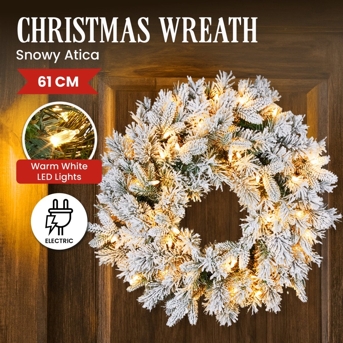 Christabelle 61cm Snowy Atica Pre - Lit Warm White LED Snowy Finish Christmas Wreath