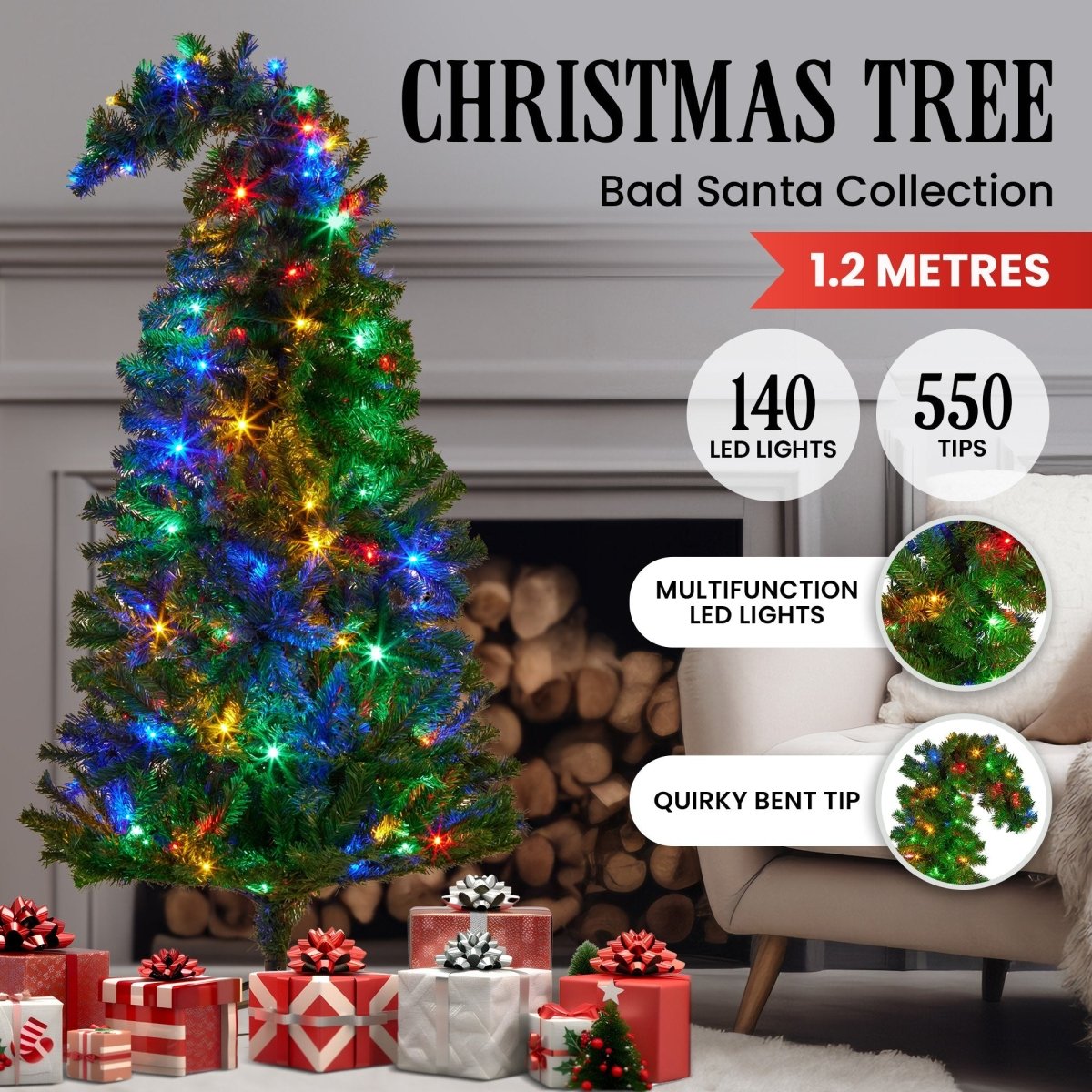 Christabelle Bad Santa 1.2m Curved Multicolour Pre - Lit Christmas Tree with 550 Tips