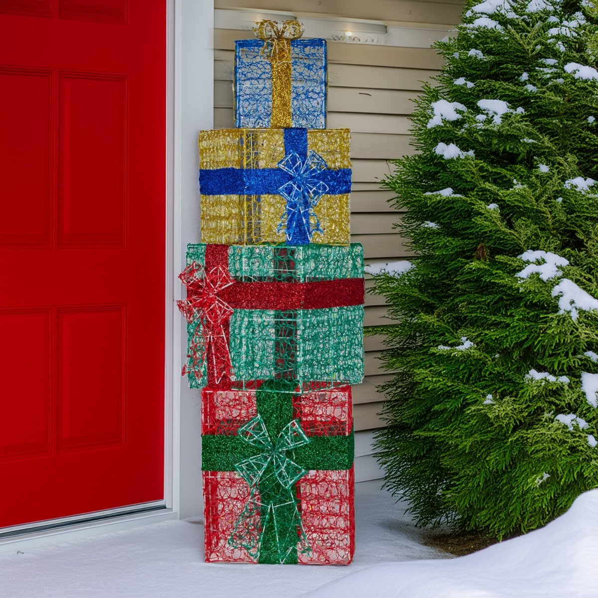 Christabelle 190cm 4 - piece Gift Stack Box Christmas Decor Bows Led Lights Xmas