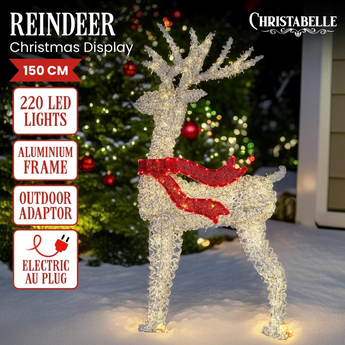 Christabelle Large 1.5m Christmas Reindeer Outdoor Indoor Light - Up Display Decoration Lawn Statue LED Lights Red Bow