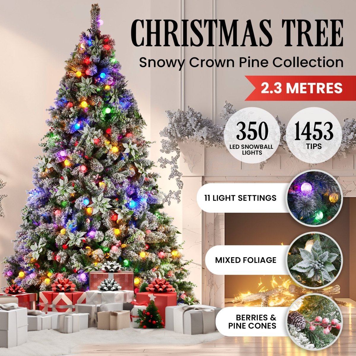 Christabelle Snowy Crown Pine 2.3m Multicolour Pre - Lit Christmas Tree with 1453 Tips