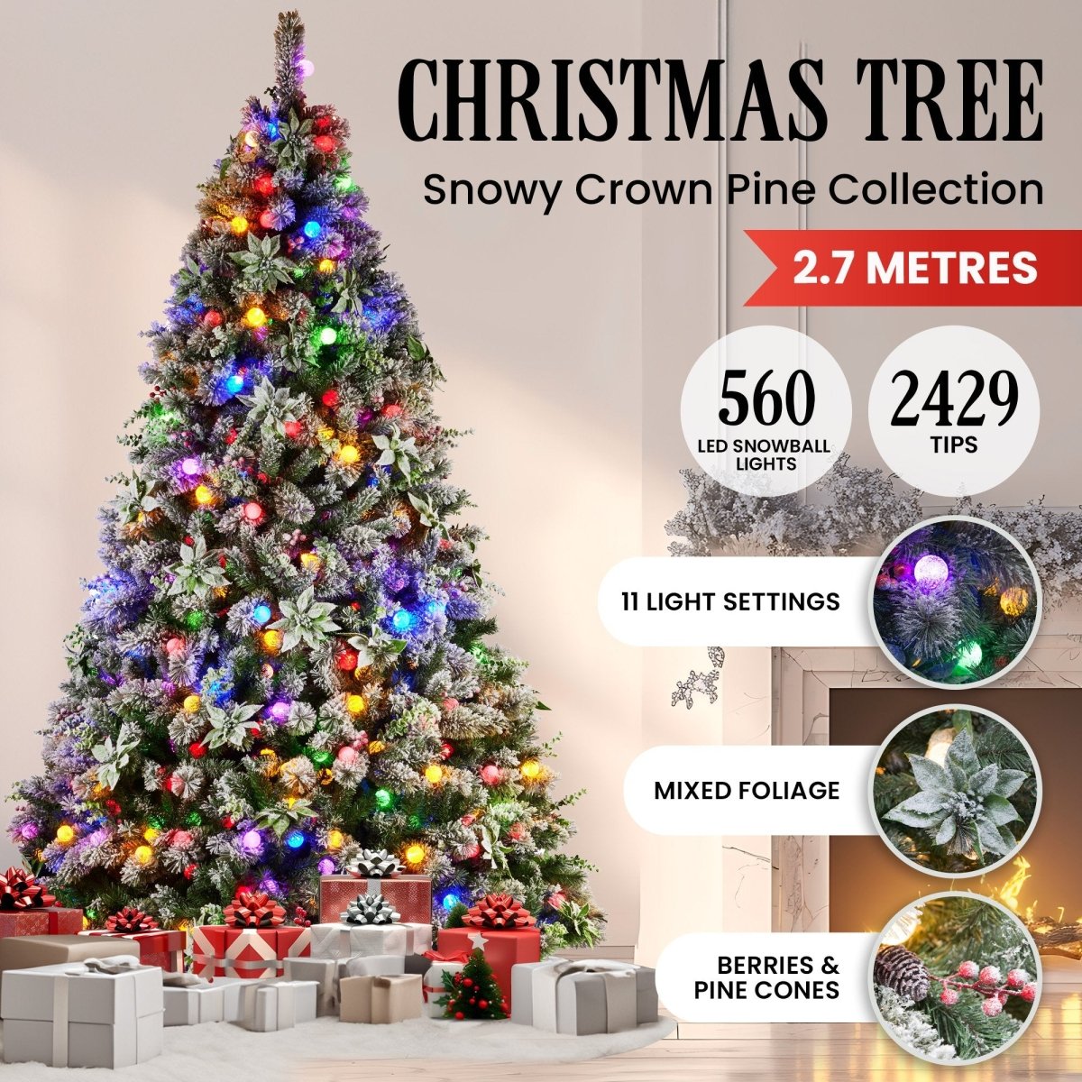 Christabelle Snowy Crown Pine 2.7m Multicolour Pre - Lit Christmas Tree with 2429 Tips
