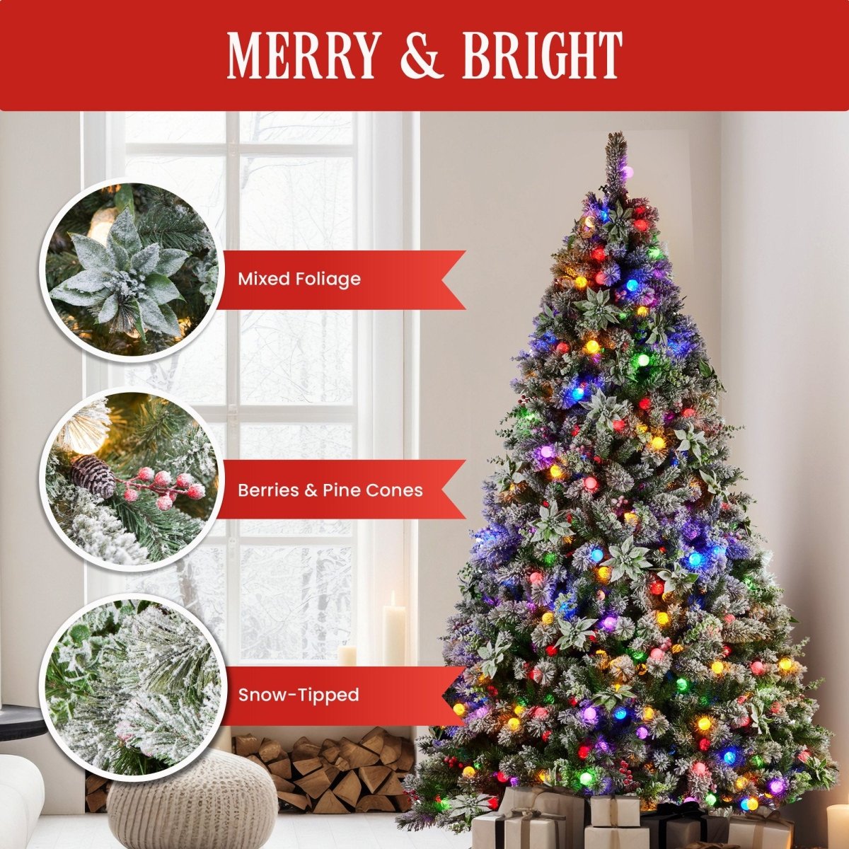 Christabelle Snowy Crown Pine 2.7m Multicolour Pre - Lit Christmas Tree with 2429 Tips