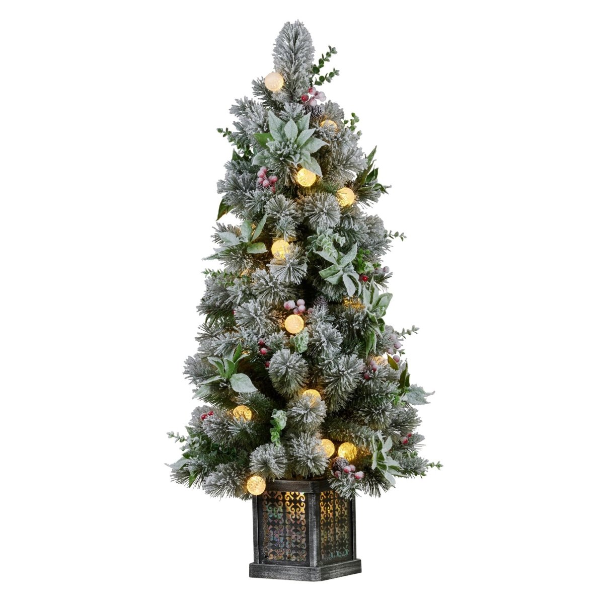 Christabelle Snowy Crown Pine Potted Christmas Tree 1.2m Multicolour Pre - Lit with Snowball Lights