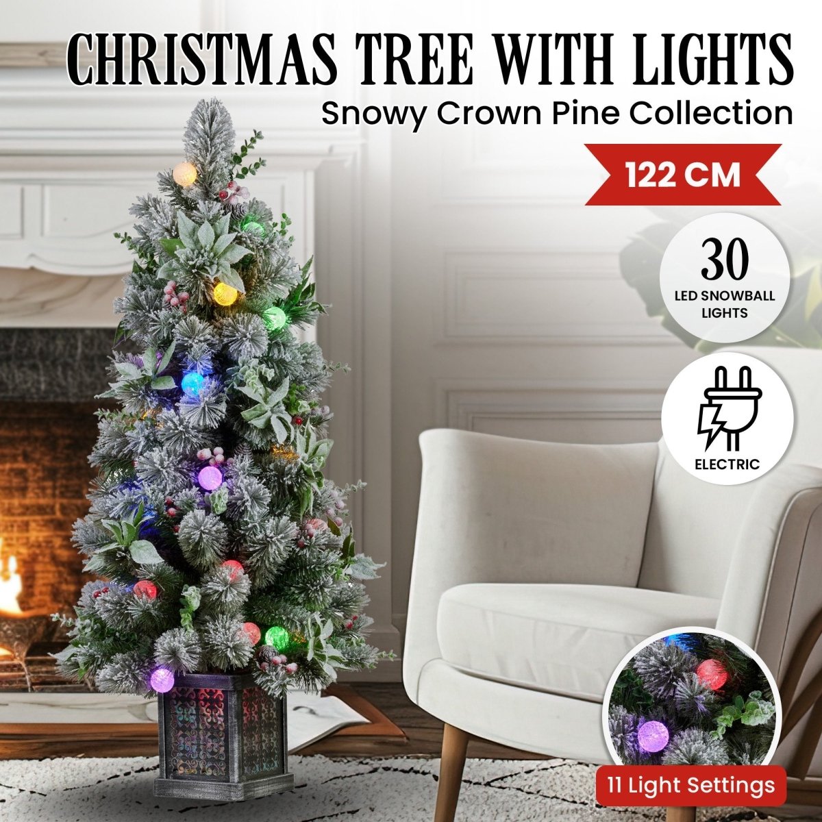 Christabelle Snowy Crown Pine Potted Christmas Tree 1.2m Multicolour Pre - Lit with Snowball Lights